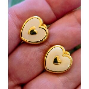 Goldette Enamel Cream Goldtone Heart Earrings Clip-On Vintage Stunning! Signed.
